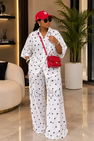 Women’s White & Black Polka Dot Two-Piece Set . Wide Leg Trousers