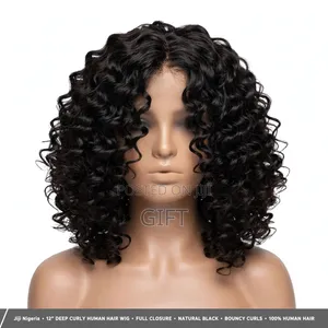 12 Inches Bouncy Curly Human Hair Wig - Full Closure - Black