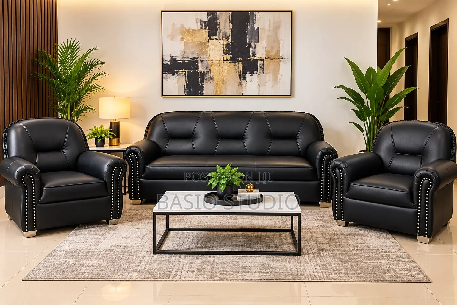 Set of 4 Black Leather Sofas (3 Single Seaters + 1 Three Seater)