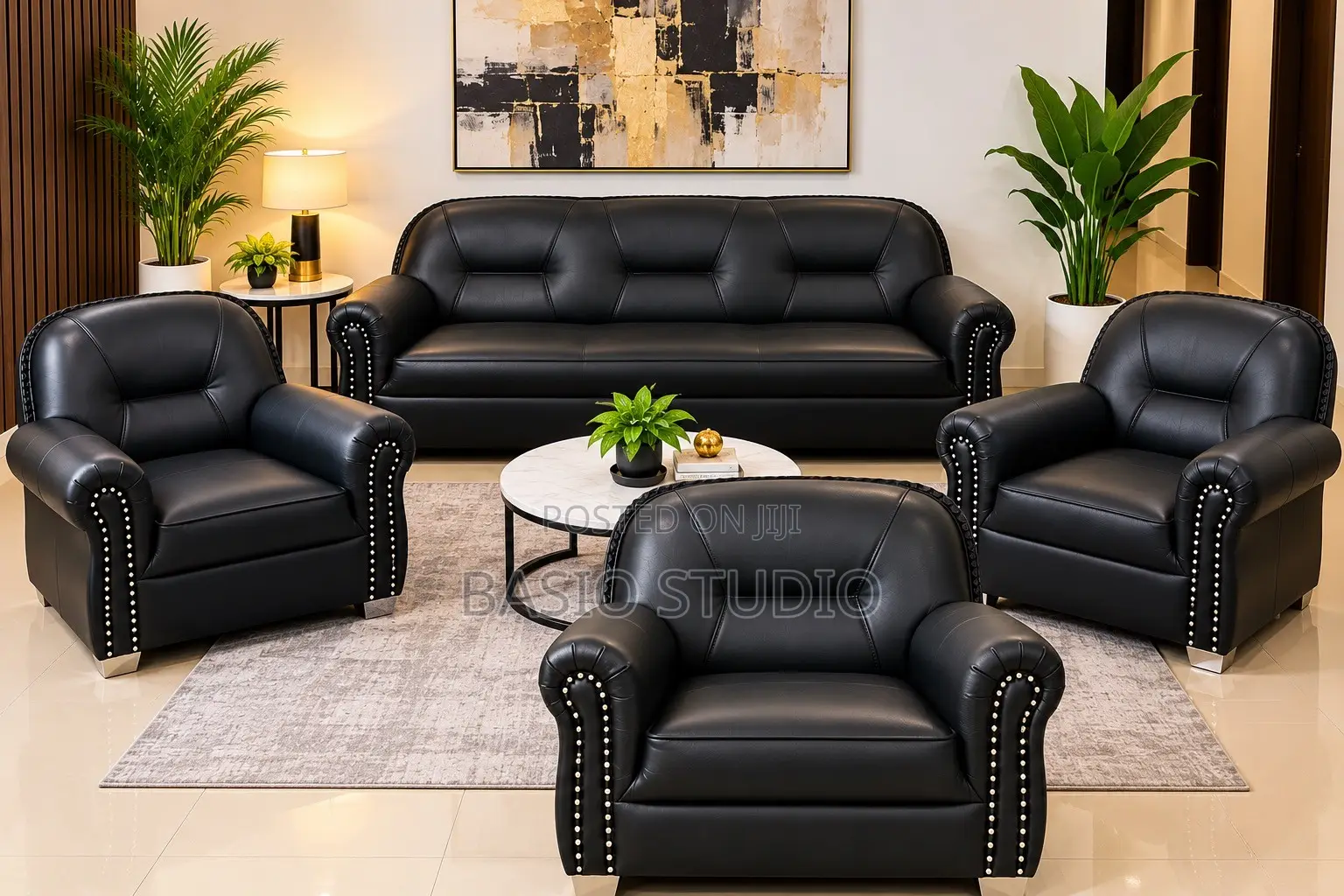 Set of 4 Black Leather Sofas (3 Single Seaters + 1 Three Seater)