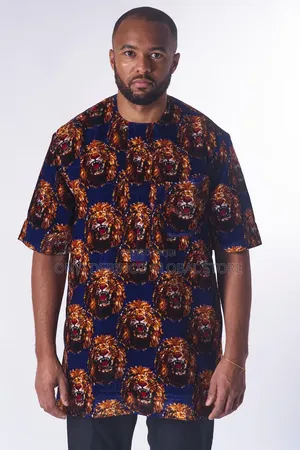 Navy Blue Isi Agu Shirt, Lion Head Print Igbo African Men Swear Outfit