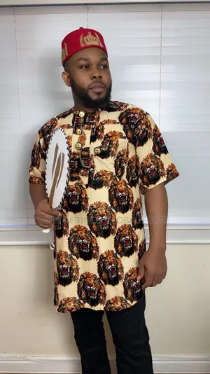 Igbo Men Lion Head Isiagu Shirt for Traditional Marriage Ceremony