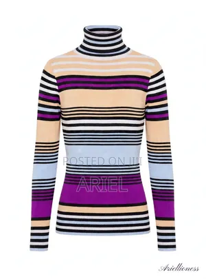 Classy Striped Turtleneck Sweater Top - Beige/Purple - Ariellioness