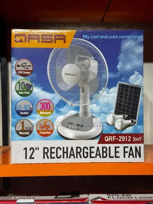 Qasa 12-Inch Rechargeable Fan (3-in-1 With Solar Panel and 2 Bulbs)