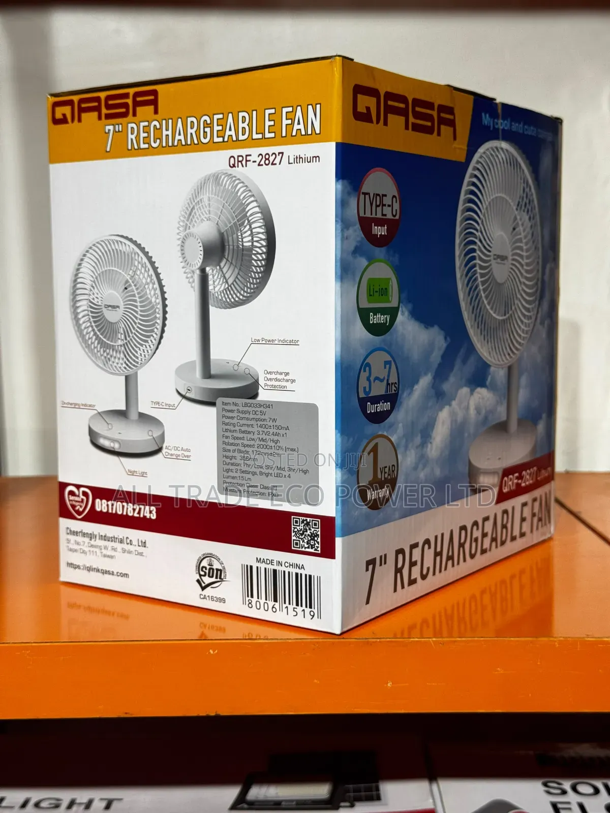 Qasa 7-Inch Rechargeable Fan