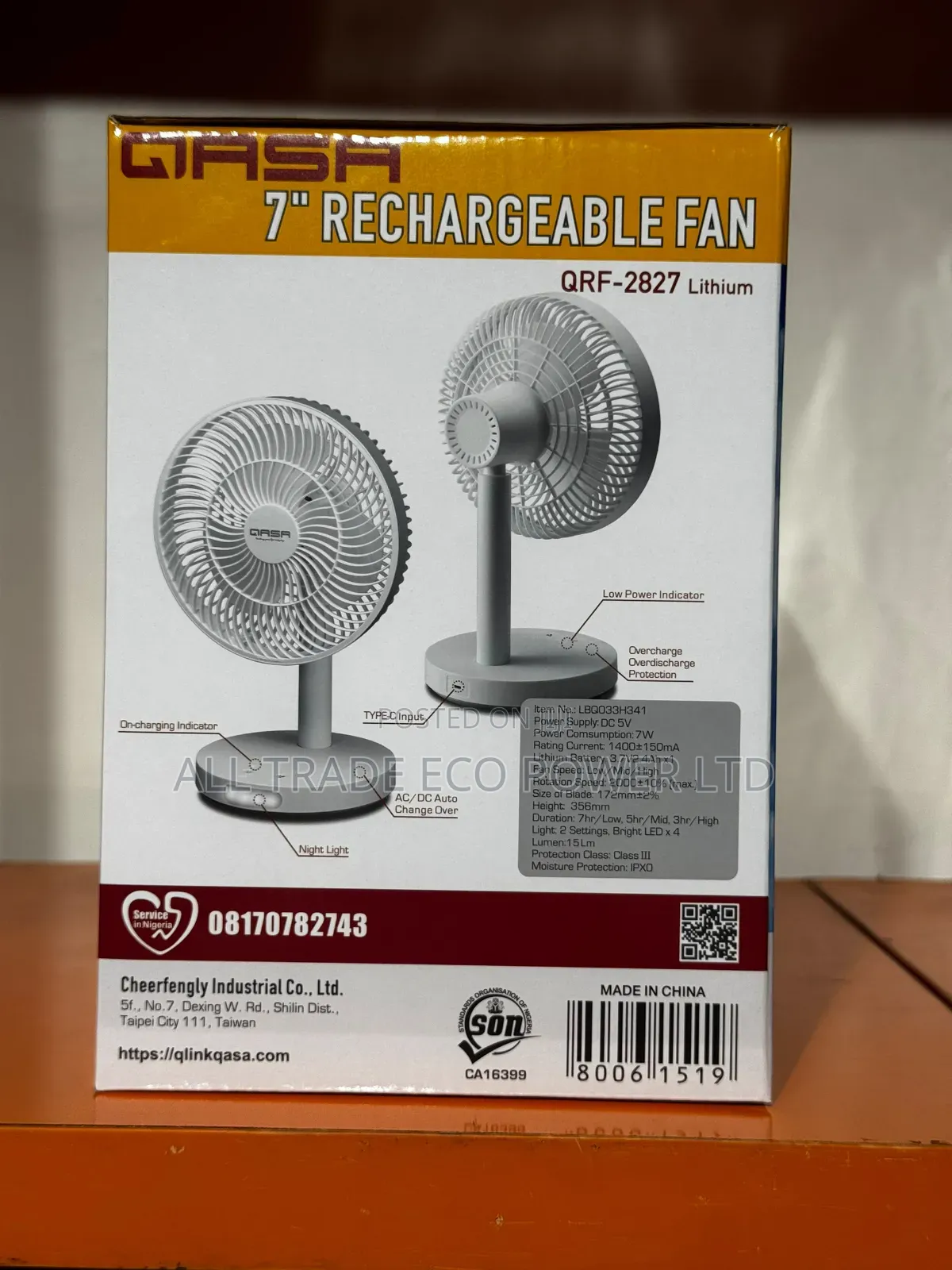 Qasa 7-Inch Rechargeable Fan