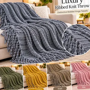 Bobble Fringe Tassel Knit Throw Blanket T361