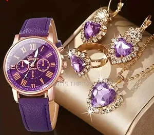 Amethyst 4 in 1 Wrist Watch Jewelry Set Bracelet Necklace