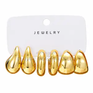 3-Pair Set of Gold Hoop and Tear Drop Earrings