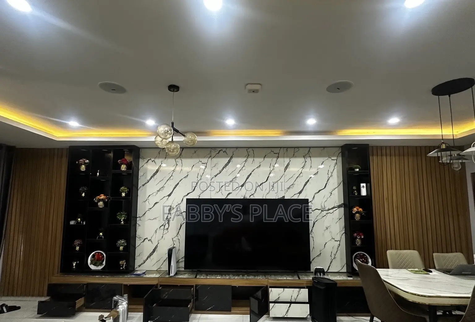 2in1 Luxury Modern TV Console With Wall Panel, Shelves & LED Lighting