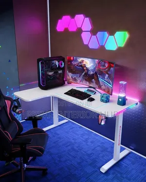White L-Shaped RGB Gaming Desk With LED Lights 140cm