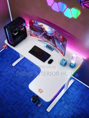 Spacious White L-Shaped Gaming Desk With Multicolour LED Lights 1.4mtr