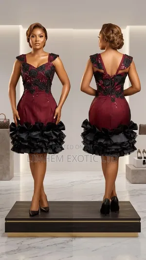 Burgundy & Black 3D Floral Ruffle Dress
