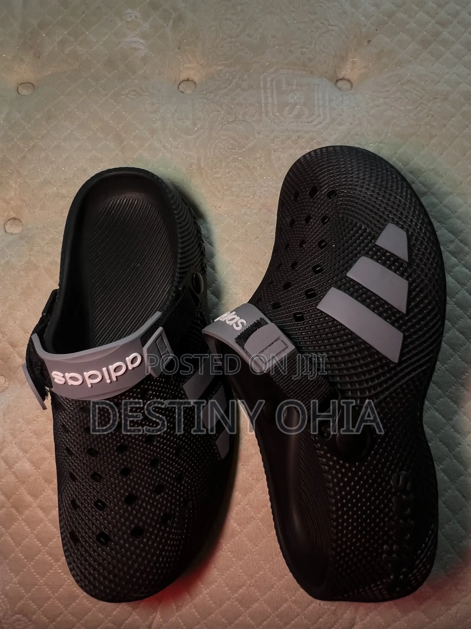 Black Adidas Clogs With Adjustable Strap.