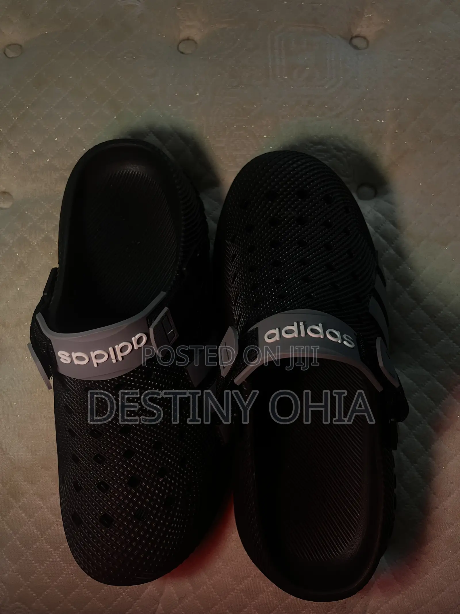 Black Adidas Clogs With Adjustable Strap.
