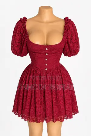 Elegant Burgundy Lace Mini Dress With Puff Sleeves for Ladies