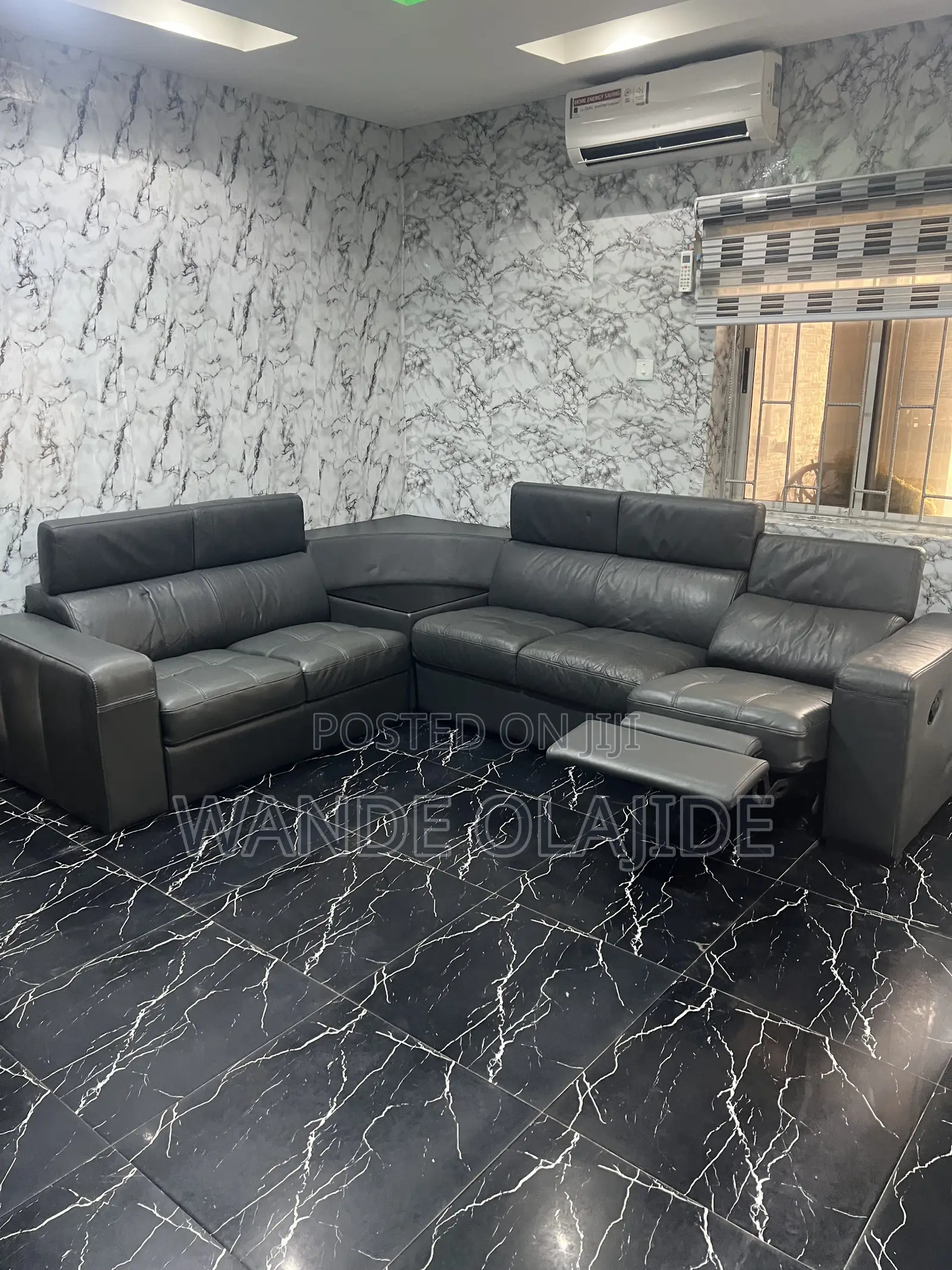 German-Imported Genuine Leather L-Shaped Sofa With Recliner & Table
