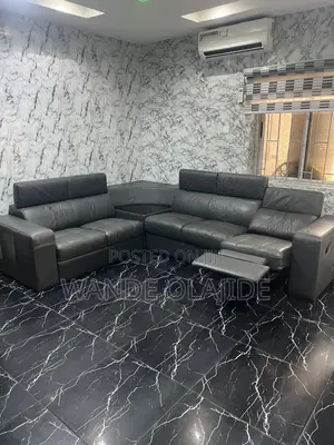 German-Imported Genuine Leather L-Shaped Sofa With Recliner & Table