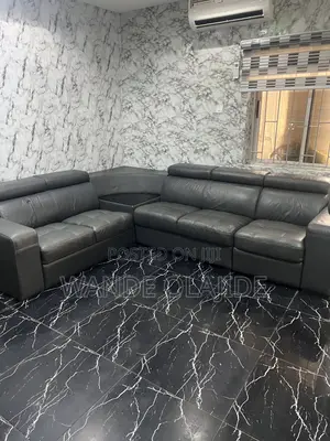 German-Imported Genuine Leather L-Shaped Sofa With Recliner & Table