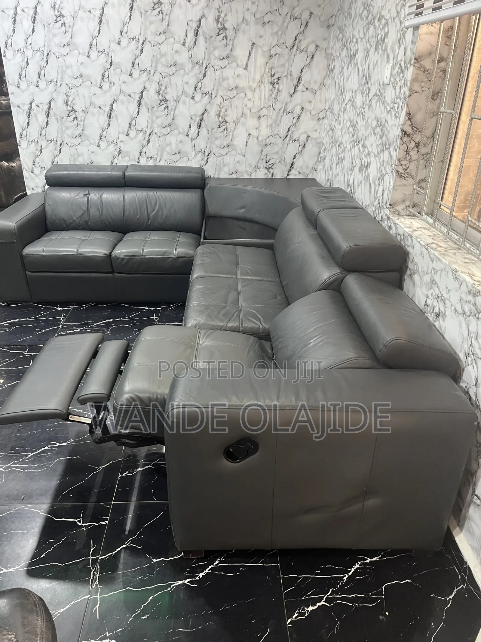 German-Imported Genuine Leather L-Shaped Sofa With Recliner & Table