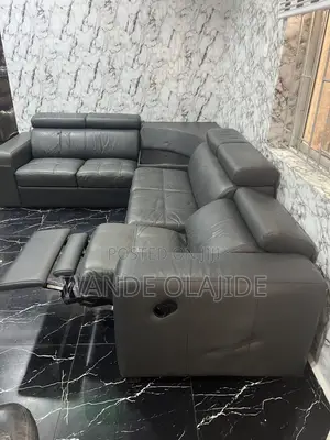 German-Imported Genuine Leather L-Shaped Sofa With Recliner & Table