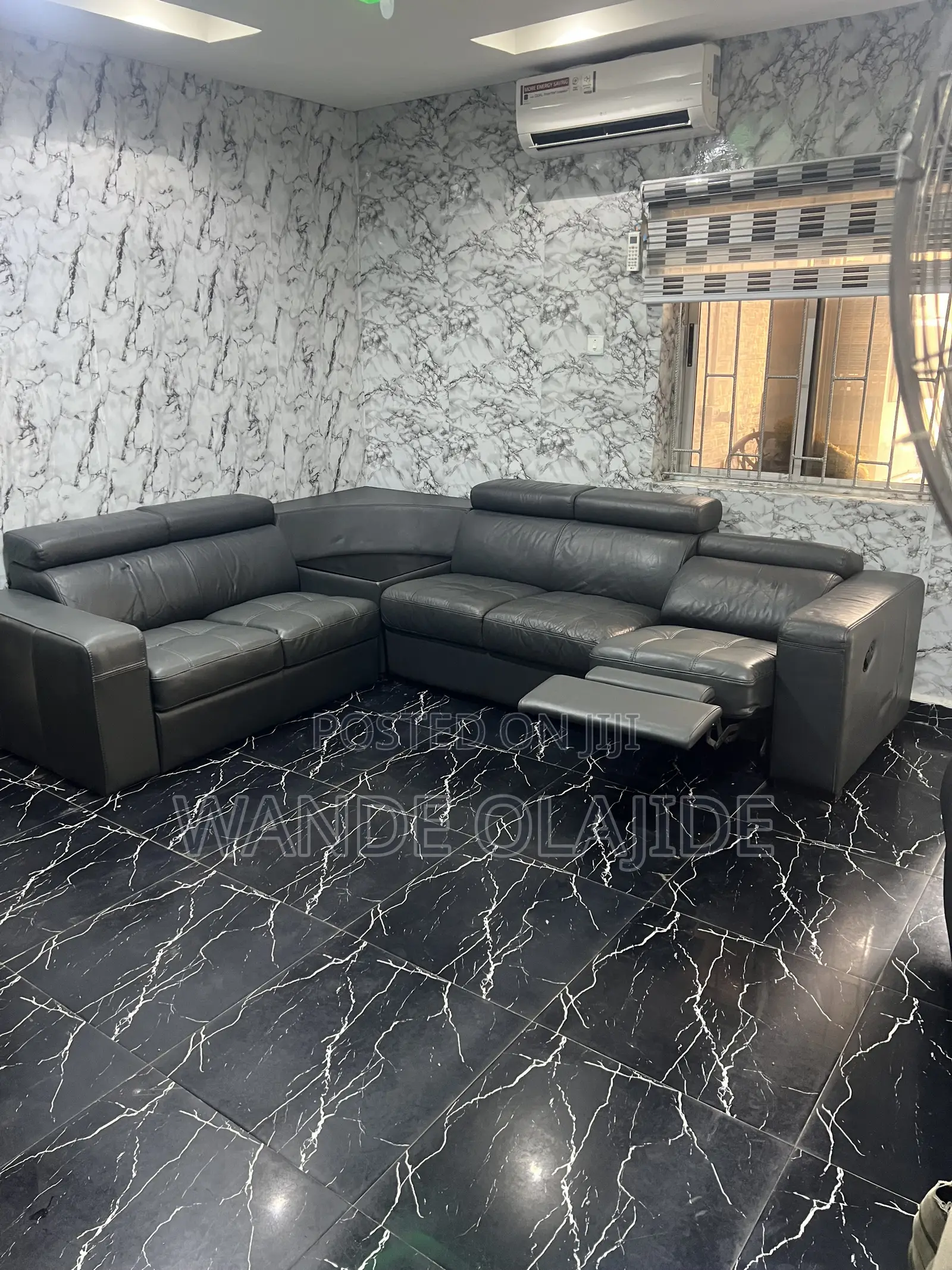 German-Imported Genuine Leather L-Shaped Sofa With Recliner & Table