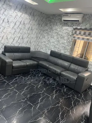 German-Imported Genuine Leather L-Shaped Sofa With Recliner & Table