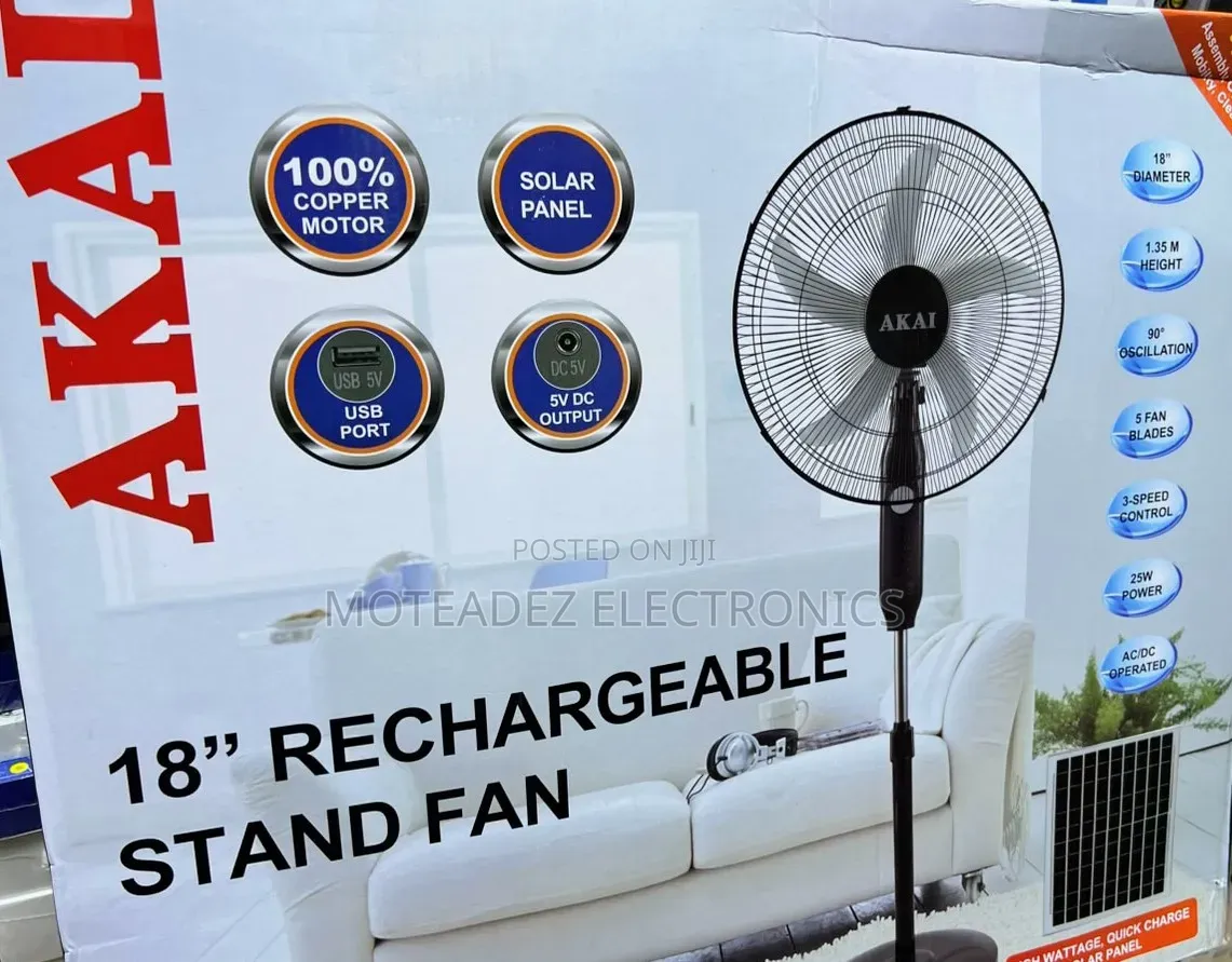 Akai 18" Strong Wind Solar Rechargeable Standing Fan With Solar Panel