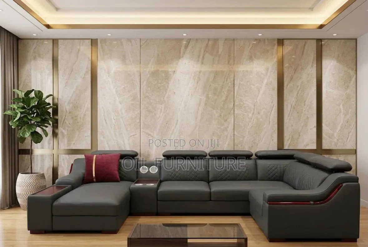Luxury U-Shape Leather Sectional Sofa Set With Cup Holders & Console