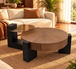 Luxury Round Wooden Coffee Table With Glass Side Table –