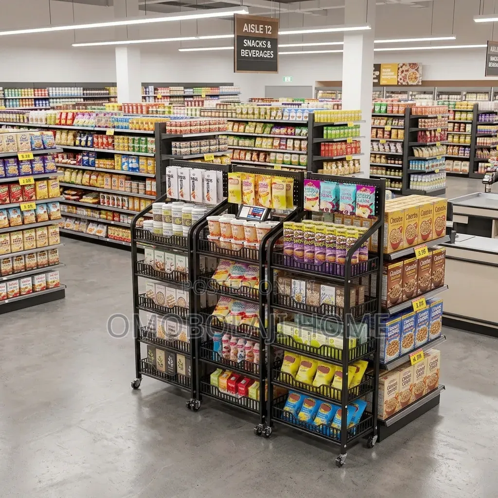 Heavy-Duty 5-Tier Supermarket Display Rack With Wheels.