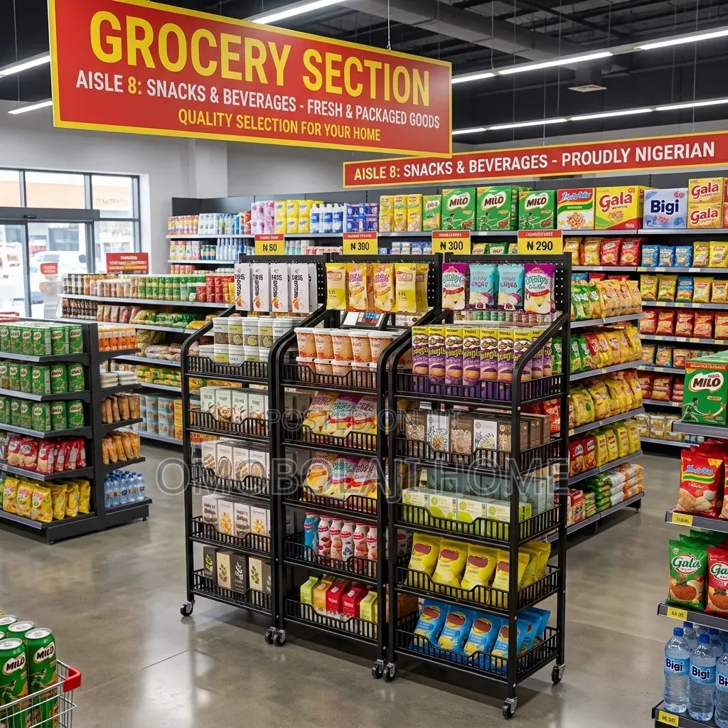 Heavy-Duty 5-Tier Supermarket Display Rack With Wheels.