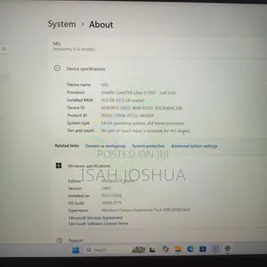 Laptop MSI 16GB Intel Core Ultra 5 SSD 512GB