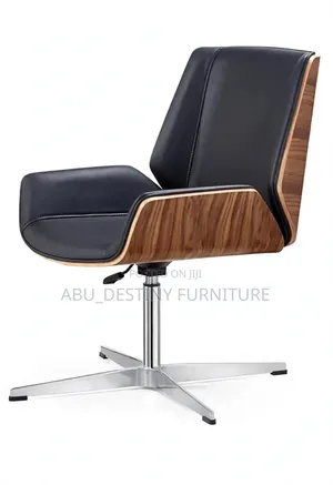Executive Office Chair - Black Leather With Walnut Wood Back