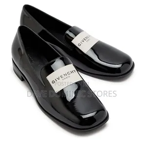 Givenchy Paris Black Patent Leather Logo Plaque Loafers.