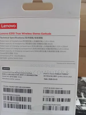 Lenovo E310 Wireless Earbuds WHITE/BLACK