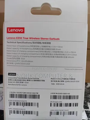 Lenovo E310 Wireless Earbuds WHITE/BLACK