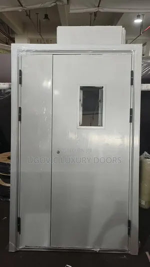 4ft Gray Fire-Rated Steel Door With Glass Vision Panel