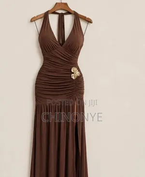 Trendy Brown Halter Ruched Long Gown With Gold Brooch- Party/Dinner