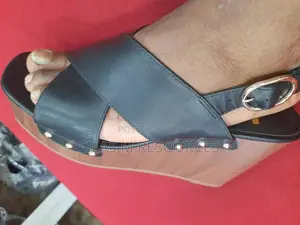 Black Leather Wedge Heel Sandal