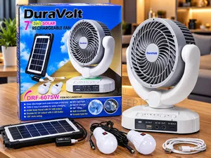 DuraVolt 7-Inch Solar Rechargeable Fan With 2 LED Bulbs-120° Rotation