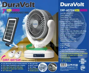 Duravolt 7" 3in1 Rechargeable Solar Fan Perfect for Homes, Rural Area