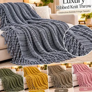 Bobble Fringe Tassel Knit Throw Blanket