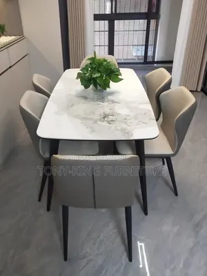 Modern 6-Seater Marble Top Dining Table Set With Upholstered Chairs