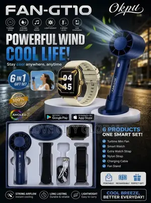 Okpu FAN-GT10 Smartwatch and Mini Fan Gift Set With Extra Watch Straps