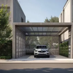 An Open, Modern Concrete Carport With a Louvered Roof and a White