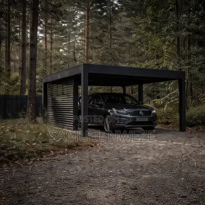 Dark Gray Modern Cubist Carport With Slatted Aluminum or Steel