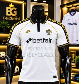 Premium White Portugal Football Jersey – Black & Gold Design