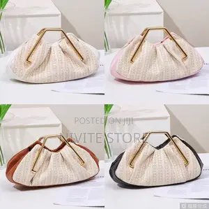 New Luxury Crochet Woven Cloud Clutch BAG With Gold Handle _Straw Part