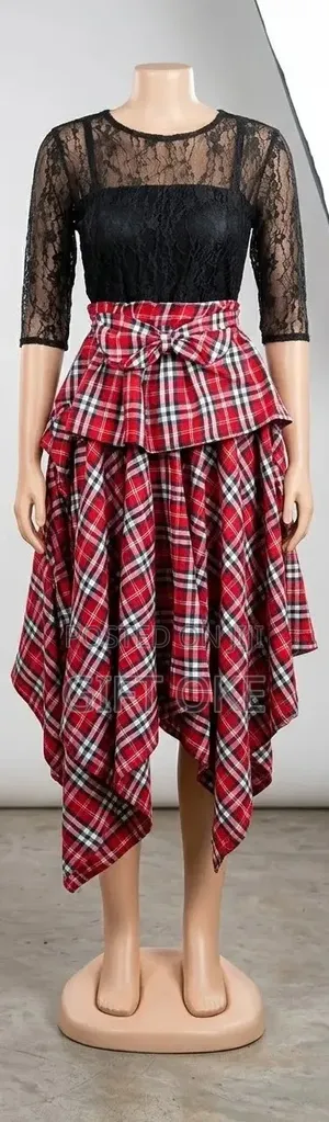 Stylish Red Plaid Handkerchief Skirt With Bow Detail - Brand New